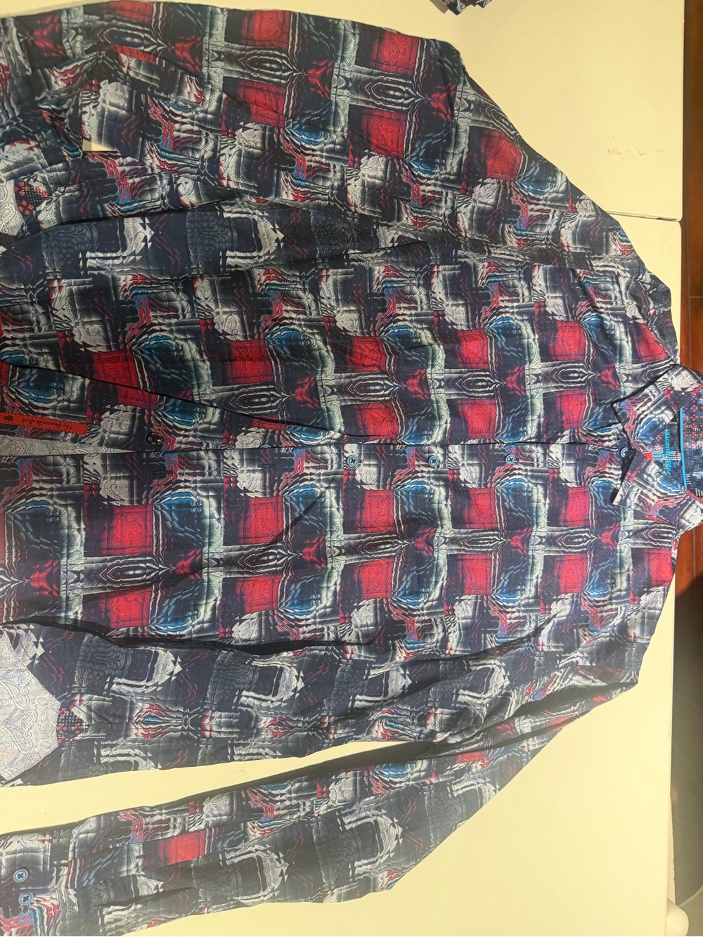 Men's Casual Button-Down Shirt in Red and Blue Abstract Plaid